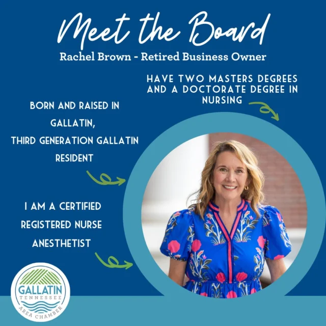 Meet Rachel Brown -- resident Gallatin girl, floral enthusiast, and lifesaver all packed into one tiny but mighty lady.

Rachel's family has been in Gallatin for multiple generations, and she's proud to represent our community in a number of ways. She is always willing to lend a hand, be a listening ear, or provide a grounded opinion, no matter the subject, and you better believe if it involves the city and people she loves, she's on it like lightning!⚡️

Give Rachel a little ✨to acknowledge her sparkle and good work in Gallatin and Sumner County. Every organization needs a Rachel: they just can't have ours!

#gallatinchamber #feature #goodwork #community