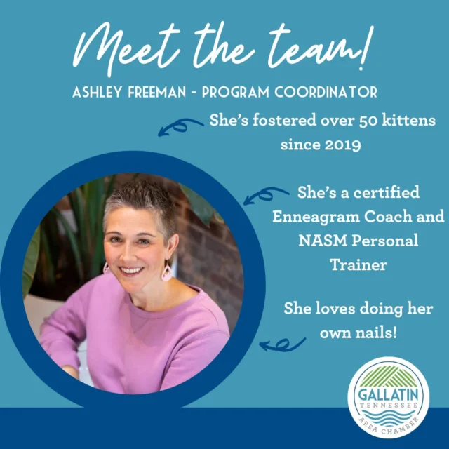 Meet Ashley, our Program Coordinator! 

Ashley is a certified cat lady, workout junkie, and all around people person. If you sign up for a coffee, lunch, or roundtable event, Ashley is the person who will greet you at the door. She's also your go-to for all things Leadership Gallatin! She loves sharing all the good work of the chamber with folks in Gallatin, and if you give her half a chance, she'll also share all about her kitties, nieces, and nephews! 

Leave Ashley a little 🐾in the comments to say hello and to thank her for her work in our great city!

#gallatinchamber #highlight #feature